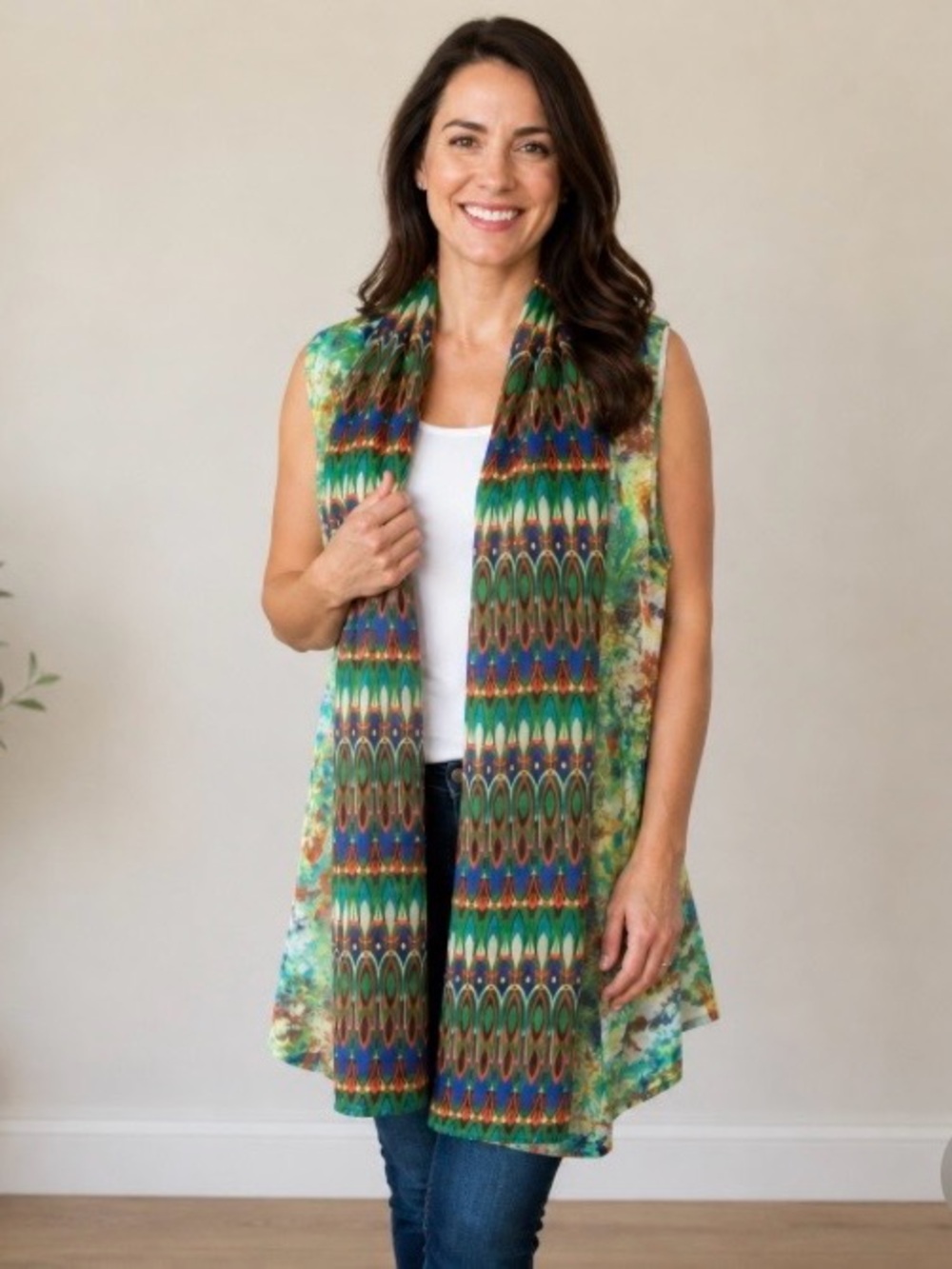 Anu Womens XL Sheer Long Tunic Vest Sleeveless Floral Green Blue Orange Long